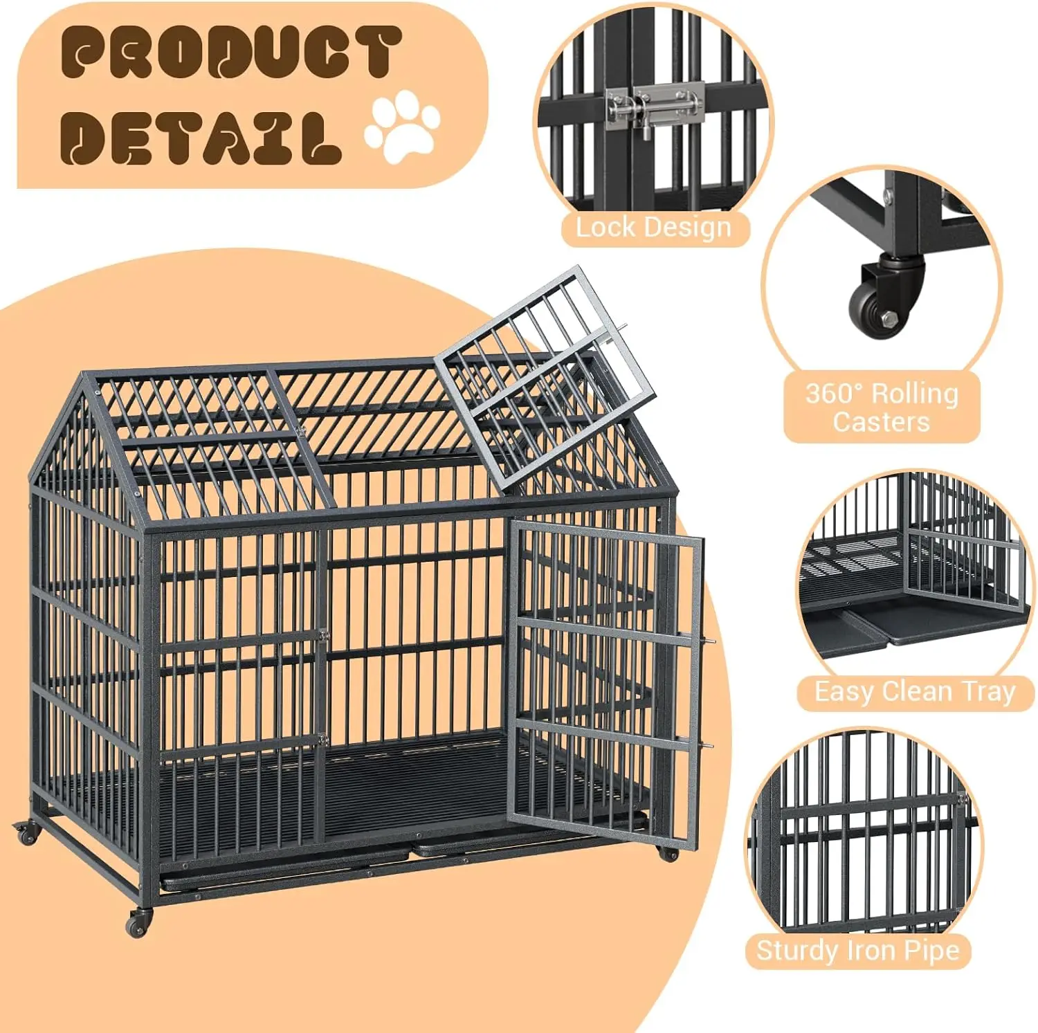 52 Inch Heavy Duty Dog Crate, Large Metal Dog Kennel with Roof Top, 2 Door Dog Cage House with Removable Tray and Wheels - Image 2