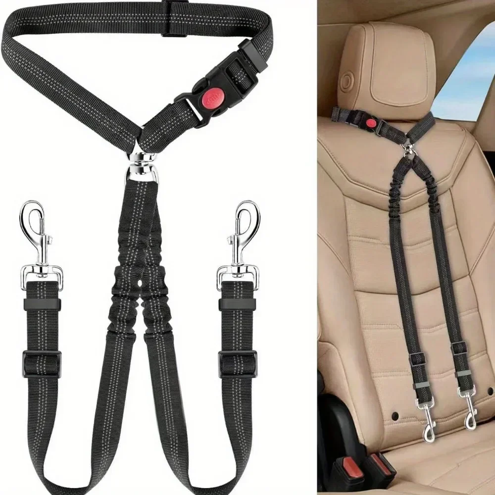 Double Dog Car Harness Safety Seatbelt Adjustable Pet Travel Restraint for 2 Dogs Heavy Duty Crash Tested Elastic Splitter Headr - Image 10