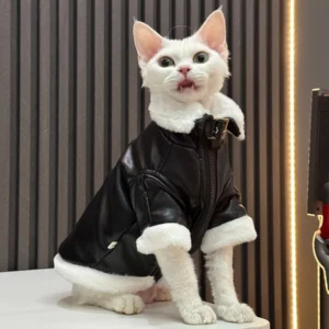 Waterproof Leather Jacket with Fur Collar for Sphynx Cat Winter Thick Fashion for Devon Rex Warm lamb wool Coat for Kittens