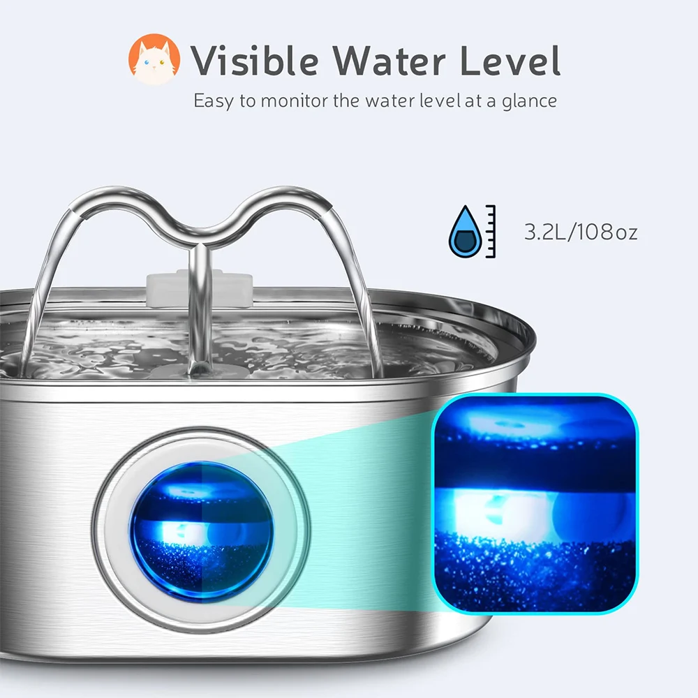 108oz/3.2L Cat Water Stainless Steel Pets Dispenser With LED Light Silent Pump Automatic Fountain For Cat Dog Drinking Bowl - Image 4