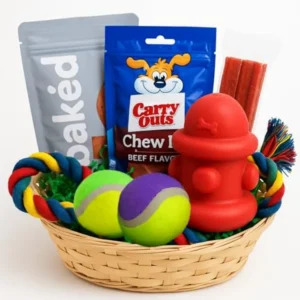 Dog Gift Basket Includes Chew Toys Tennis Balls Rope Tug Toy and Tasty Treats Perfect Dog Birthday Gift Puppy Welcome Box or Pe