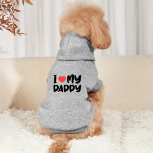 Pet Apparel Hoodie for Cats and Dogs - "I Love Dad" with Black Lettering on Gray Background
