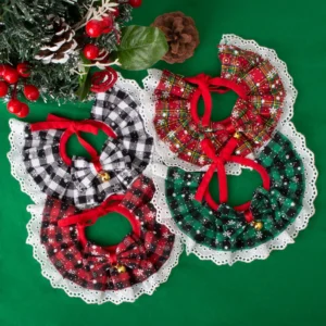 Christmas Plaid Scarf with Bowtie for Pets Dog Cat Neck Warmer with Lace Trim And Pendant Holiday Pet Accessory