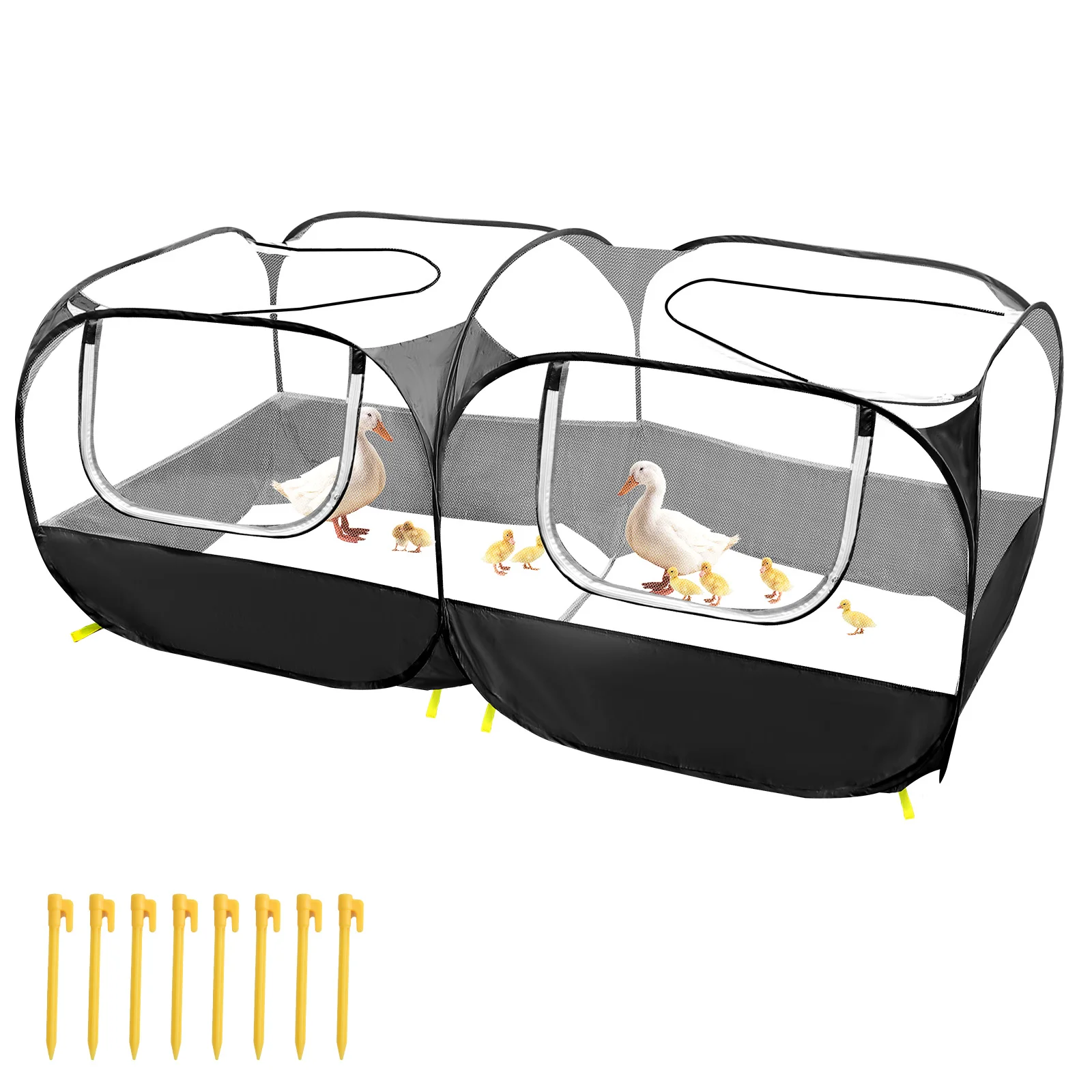 Portable pet fence, bottomless - 4 zippered doors, no assembly required, includes 8 outdoor pegs - only 14 inches when folded.