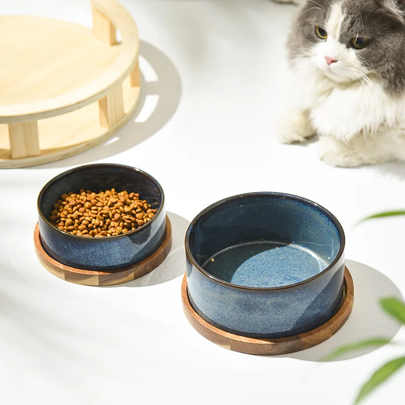 Dog Bowl Ceramic Matte Pet Bowl Cervical Spine Protector Anti Knock Over Wooden Tray Pet Feeding Supplies Cat Accessories - Image 4