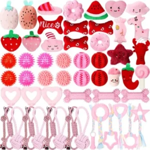 60 Pcs Valentine Squeaky Dog Toys Bulk Stuffed Plush Chew Toys Puppy Teething Rope Cute Spiky Chew Ball for Valentine Small Dog