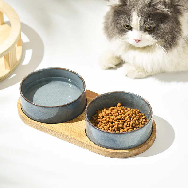 Dog Bowl Ceramic Matte Pet Bowl Cervical Spine Protector Anti Knock Over Wooden Tray Pet Feeding Supplies Cat Accessories - Image 2