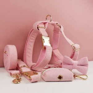 Baby Pink Corduroy Pet Harness Set Dog Leads XS-XL Bowtie Collar Poop Bag Puppy Leash Set