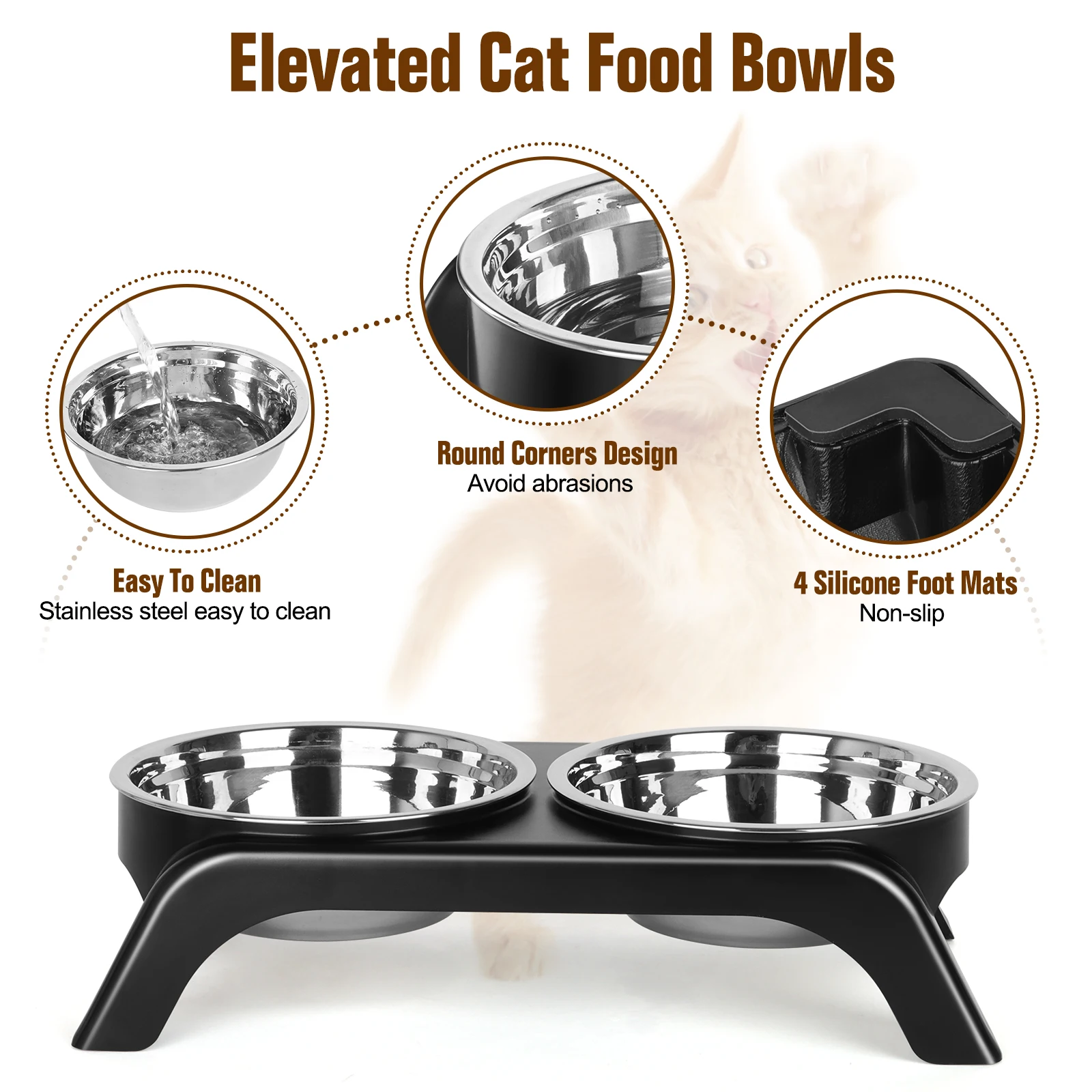Elevated Cat Bowls, Dog Bowl,Stainless Steel Raised Cat Food Water Bowl Set with ABS Anti Slip Stand for Indoor Cats - Image 2