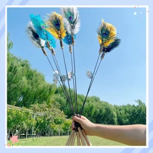 Cat Teaser Wand Oversized Peacock Feather Extra Long Rod Silvervine Chew Toy Interactive Self Play For Indoor Cats Stress Relief