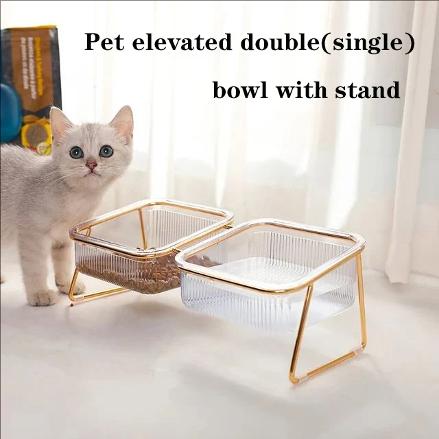 Cat Double Bowl New with Stand Pet Kitten Puppy Transparent Food Feeding Dish Metal Elevated Water Feeder Dog cats Bowl Supplies