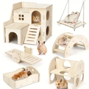Bite resistant golden bear wooden toy swing seesaw rainbow house rainbow bridge hamster solid wood decoration home