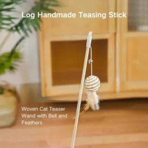 Natural Cat Teaser Wand – Linen Woven Ball with Bell, Real Feathers & Smooth Wood Handle for Calm, Engaging Play