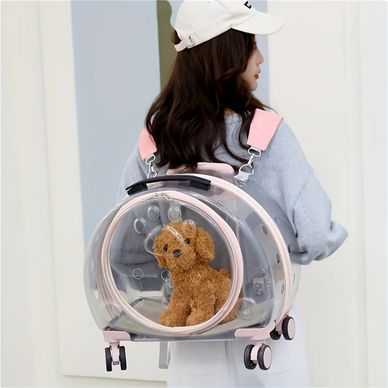 1 Transparent Pet Carrying with Wheels Large Capacity Spaceman Capsule Backpack Cats Portable Trolley Bag Durable Plast - Image 3