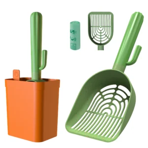 Cactus Cat Litter Scooper with Holder, 2 Replaceable Wheat Straw Plastic Shovels, Kitty Litter Scoop with Bag, Trash Bag Storage