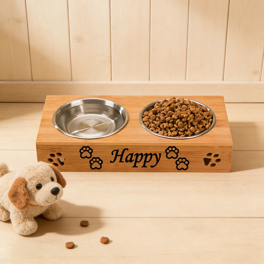Customized Personalized Bamboo Wood Dining Table Pet Double Bowl Cat Dog Stainless Steel Food Bowl Anti Knockover Pet Supplies - Image 3