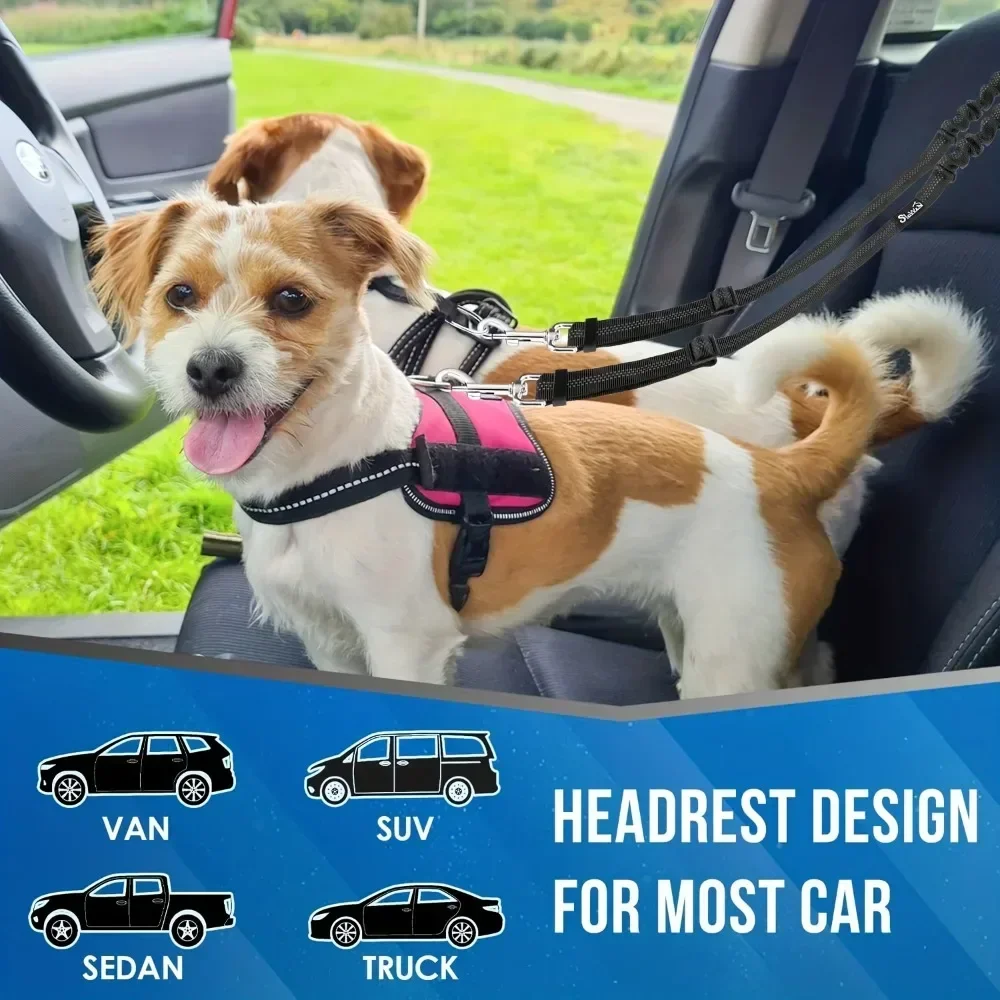 Double Dog Car Harness Safety Seatbelt Adjustable Pet Travel Restraint for 2 Dogs Heavy Duty Crash Tested Elastic Splitter Headr - Image 6