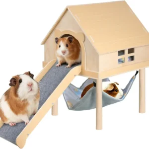 Guinea Pig Hideout- Wooden Guinea Pig Toys with Stairs and Mat & Hammock, Detachable Double-Decker House for Small Anima