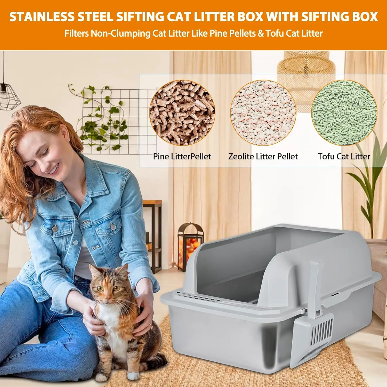 Stainless Steel Sifting Litter Box for Pine Pellets, 23.6''Lx15.7''Wx12''H with Lid & Scoop - Image 5