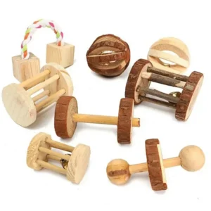 New Cute Rabbit Roller Toys Natural Wooden Pine Dumbells Unicycle Bell Chew Toys for Guinea Pigs Rat Small Pet Molars Supplies