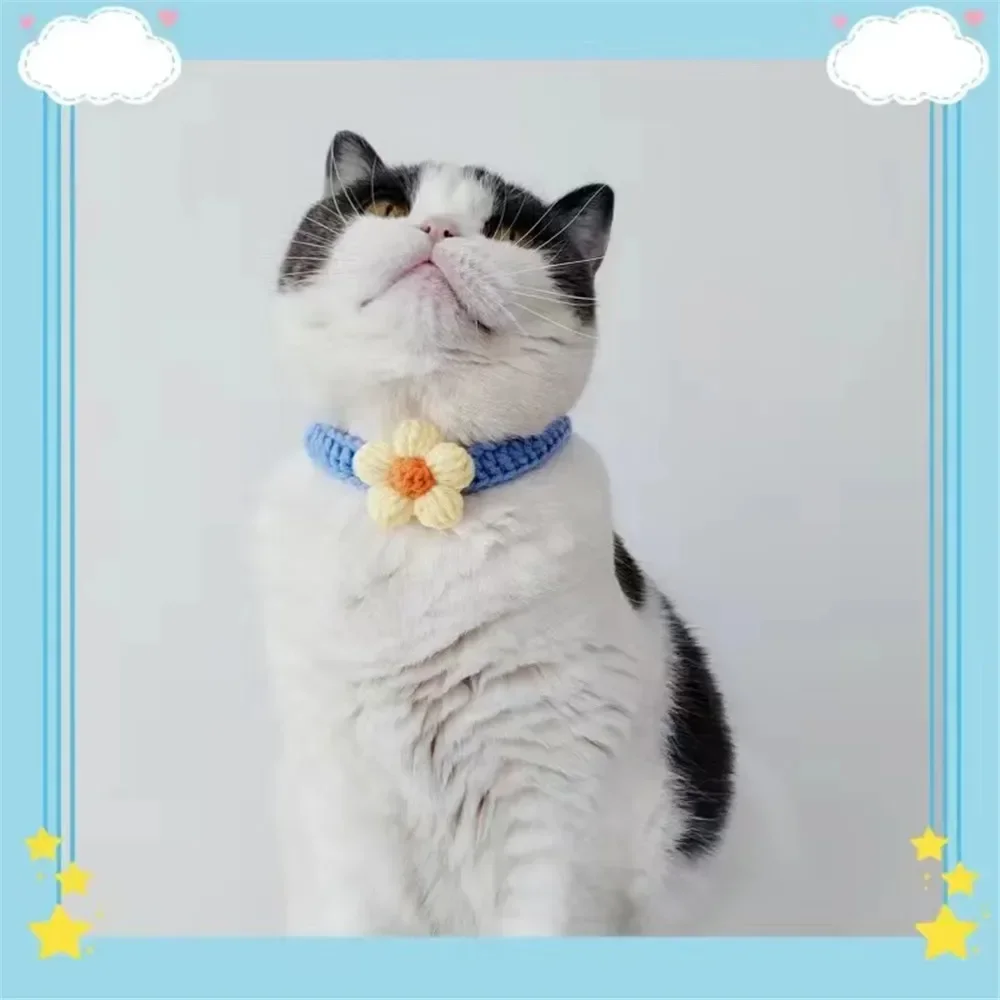 Kawaii Crochet Dog Cat Collar Adjustable Wool Necklace Flowers Pet Neck Accessories Puppy Kitten Knitting Scarf Bowtie Pet Gift - Image 4