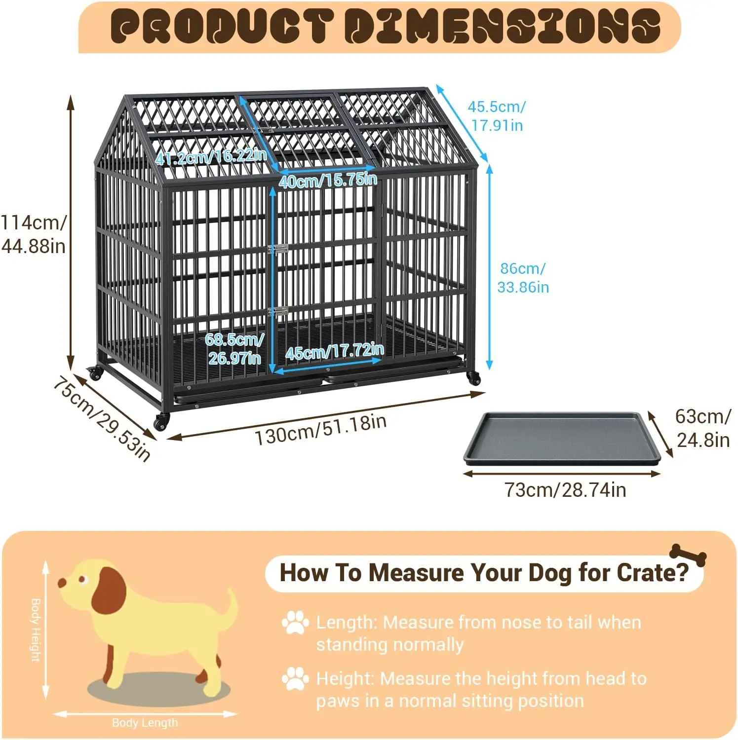 52 Inch Heavy Duty Dog Crate, Large Metal Dog Kennel with Roof Top, 2 Door Dog Cage House with Removable Tray and Wheels - Image 6