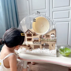 ‌Hamster Mansion for Syrian, Chew-Proof Acrylic Tank with 360° View, 2-Tier Foldable Habitat, Modular Cage with Exercise Wheel