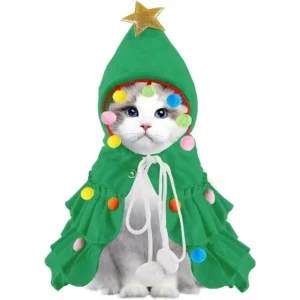 Cat Christmas Outfit Green Pet Cloak with Hat Star Pompoms Puppy Cape Clothes Tree Elf Costumes Party Pet Supplies Accessories