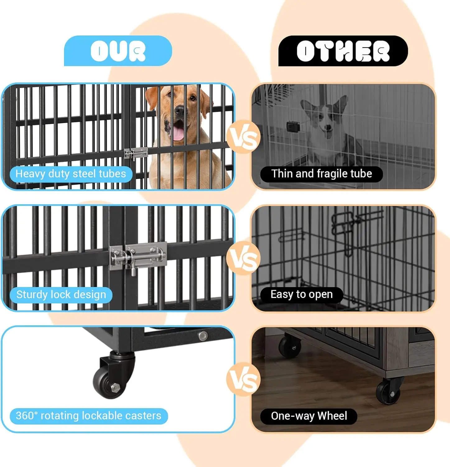 52 Inch Heavy Duty Dog Crate, Large Metal Dog Kennel with Roof Top, 2 Door Dog Cage House with Removable Tray and Wheels - Image 3