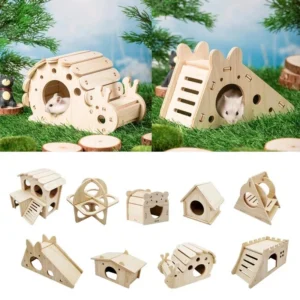 Pet Hamsters House DIY Wooden Gerbil Hideout Bridge Swing and Chinchilla Seesaw Pet Sport Exercise Toys Set Cage Accessories