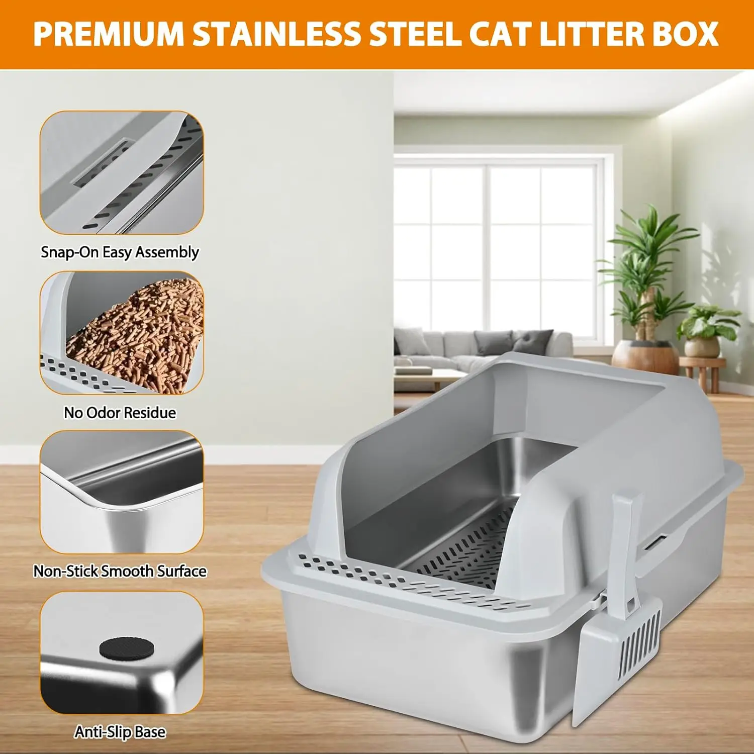 Stainless Steel Sifting Litter Box for Pine Pellets, 23.6''Lx15.7''Wx12''H with Lid & Scoop - Image 6