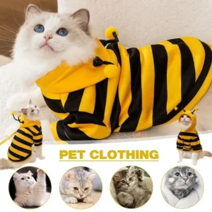 Funny Soft Pet Bee Costume Hooded Winter Warm Breathable Cat Dog Clothes Stripes Design Bee Cosplay Costume Pet Supplies