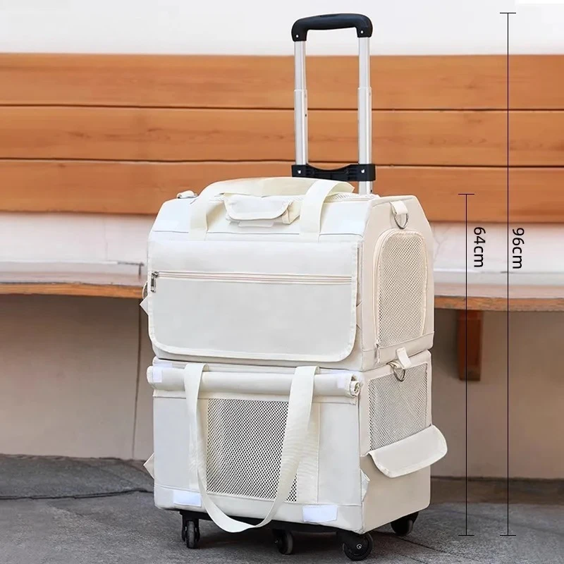Double Layer Breathable Pet Carrier with Wheels Foldable Outdoor Travel Cat Trolley Case for Two Cats Portable Pet Trolley bag - Image 6