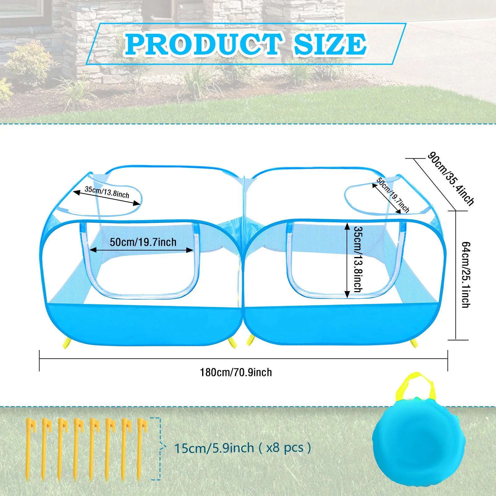 Portable pet fence, bottomless - 4 zippered doors, no assembly required, includes 8 outdoor pegs - only 14 inches when folded. - Image 7