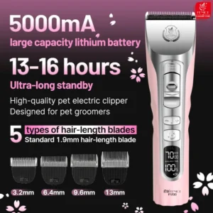 Fenice Sakura Pink Dog Hair Cutting Machine 5000mA Capacity Cordless LCD Screen Pet Dog Grooming Clipper Rechargeable Shaver Set