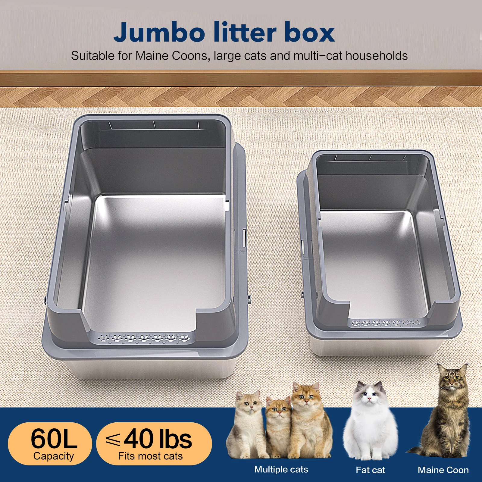 Extra Large XXL Stainless Steel Cat Litter Box with Lid, 26" L x 18" W x 12" H Metal Litter Box with Hight Sides for Big Cats - Image 4