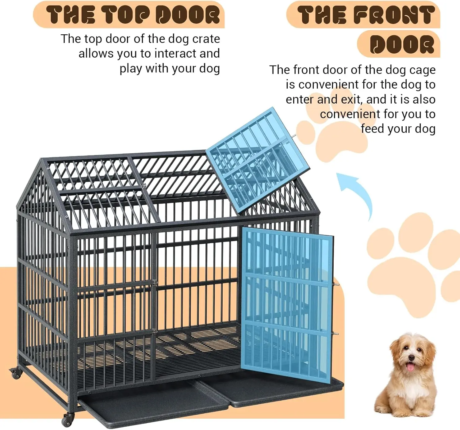 52 Inch Heavy Duty Dog Crate, Large Metal Dog Kennel with Roof Top, 2 Door Dog Cage House with Removable Tray and Wheels - Image 4