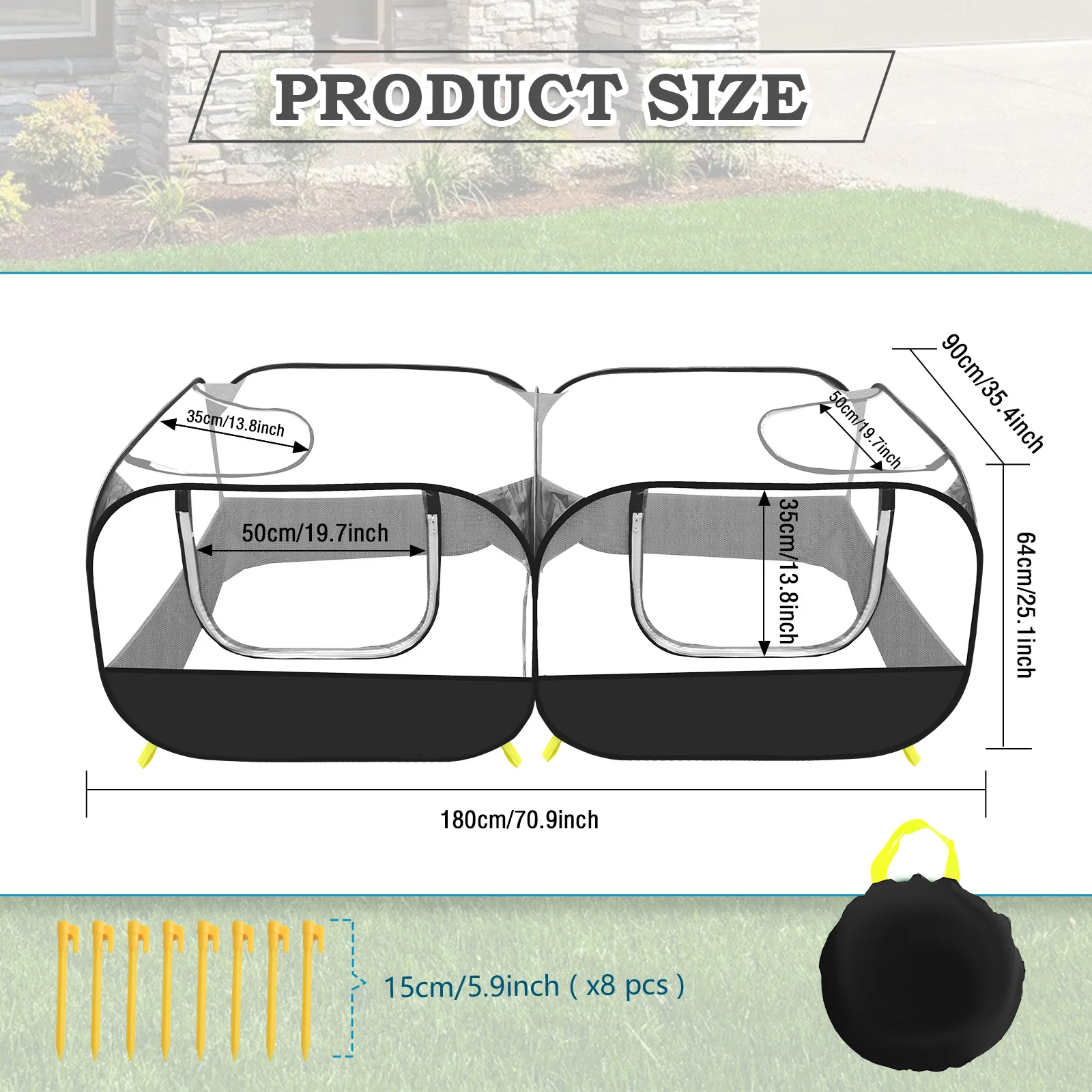 Portable pet fence, bottomless - 4 zippered doors, no assembly required, includes 8 outdoor pegs - only 14 inches when folded. - Image 5