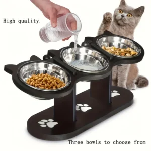 3-Tier Elevated Cat Bowl with Support Stands Wood & Stainless Steel Adjustable 15-Degree Angle Stand Slanted Pet Food Bowl