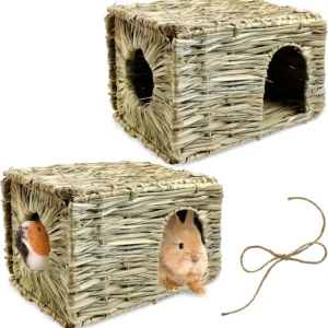 2 Pack Rabbit Grass House - Natural Hand Woven Seagrass Play Hay Bed, Collapsible Hideaway Hut Toy for Bunny Hamster Gui