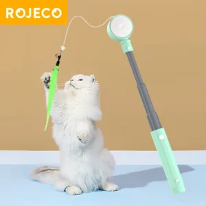 ROJECO Interactive Cat LED Laser Toy Retractable Cat Teaser Wand with Feather Caterpillar Teasing Pet Cat Accessories for Kitten
