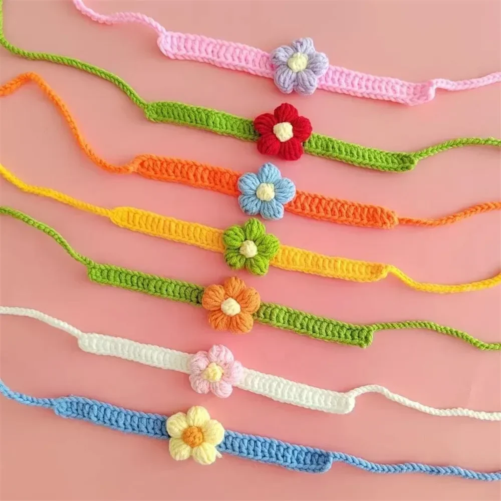 Kawaii Crochet Dog Cat Collar Adjustable Wool Necklace Flowers Pet Neck Accessories Puppy Kitten Knitting Scarf Bowtie Pet Gift - Image 2