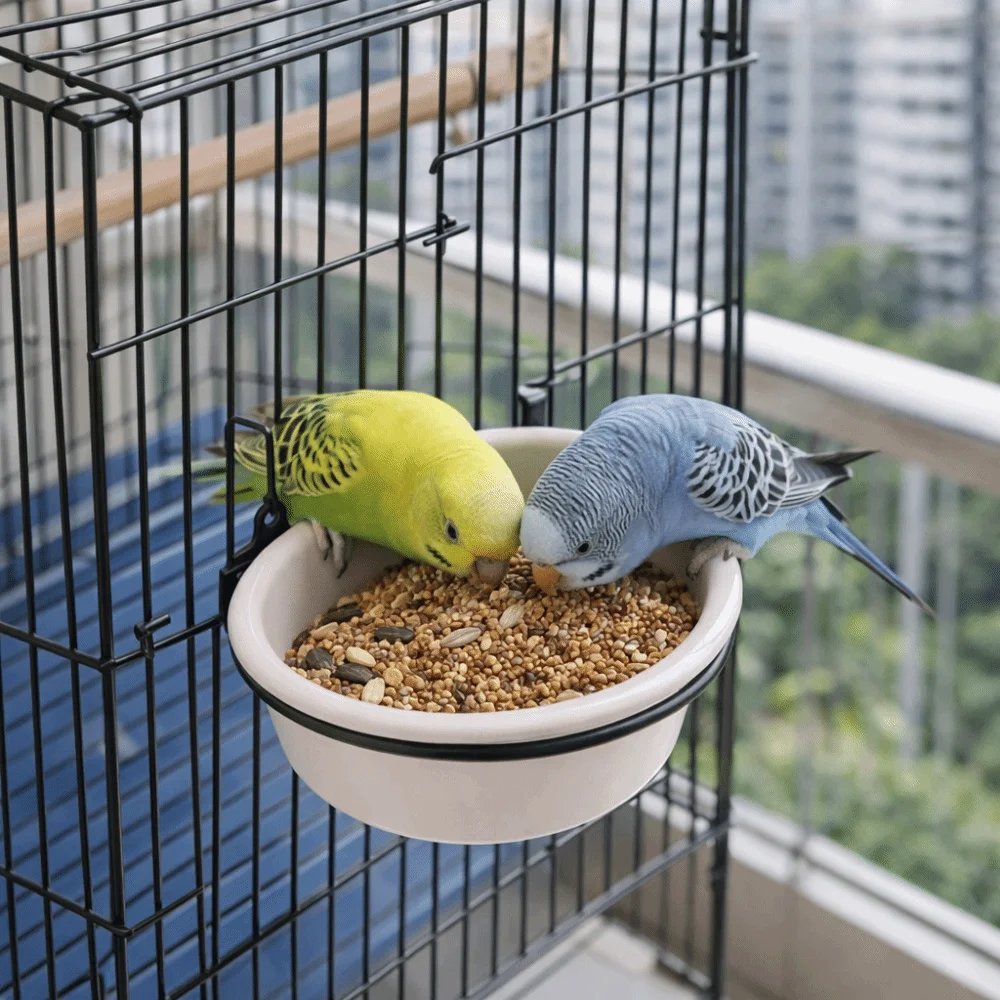 Wide Mouth Hanging Ceramic Parrot Bowl Detachable with Stand Parrot Food Cup Prevents Spills Parrot Feeding Station Small Pets