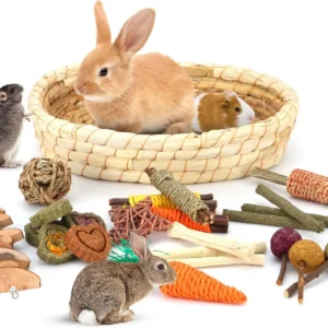 Rabbit Toys Chew Treats Guinea Pig Bed, Bunny Chew Toys Timothy Hay Bamboo Chew Sticks, Grass Ball Carrot Corn Lollipop