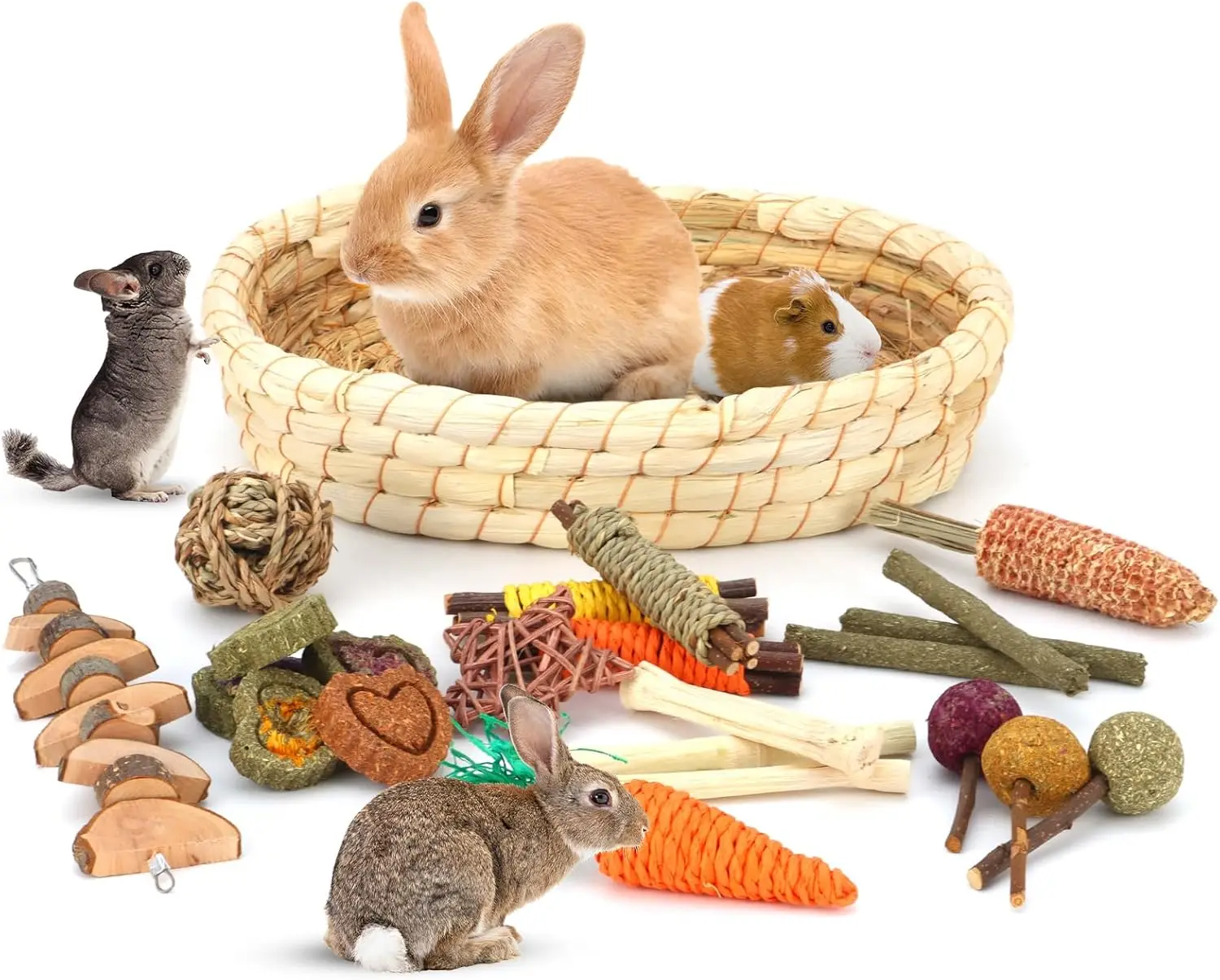 Rabbit Toys Chew Treats Guinea Pig Bed, Bunny Chew Toys Timothy Hay Bamboo Chew Sticks, Grass Ball Carrot Corn Lollipop