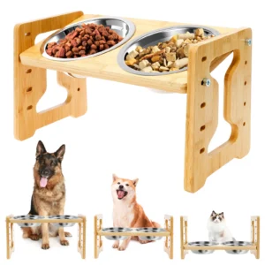 Wooden Elevated Cat Dog feeder Bowl Stand with 2 Stainless Steel Feeder bowl for Dry Wet Food Water Anti Slip Pet Supplies
