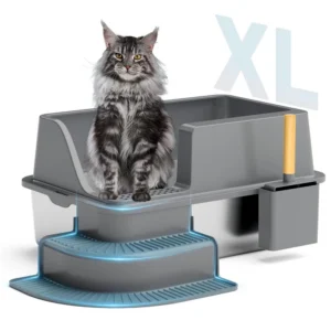 Semi-Enclosed Stainless Steel Cat Litter Box with Lid, Extra Large Cat Litter Box with Cat Shovel (Suitable for Large Cats) XL Metal Litter Box Tray, High Wall Closed on Both Sides, Anti-Stick and Leak-Proof, Easy to Clean - Ideal for Large Cats, Animals or Multi-Cat Families