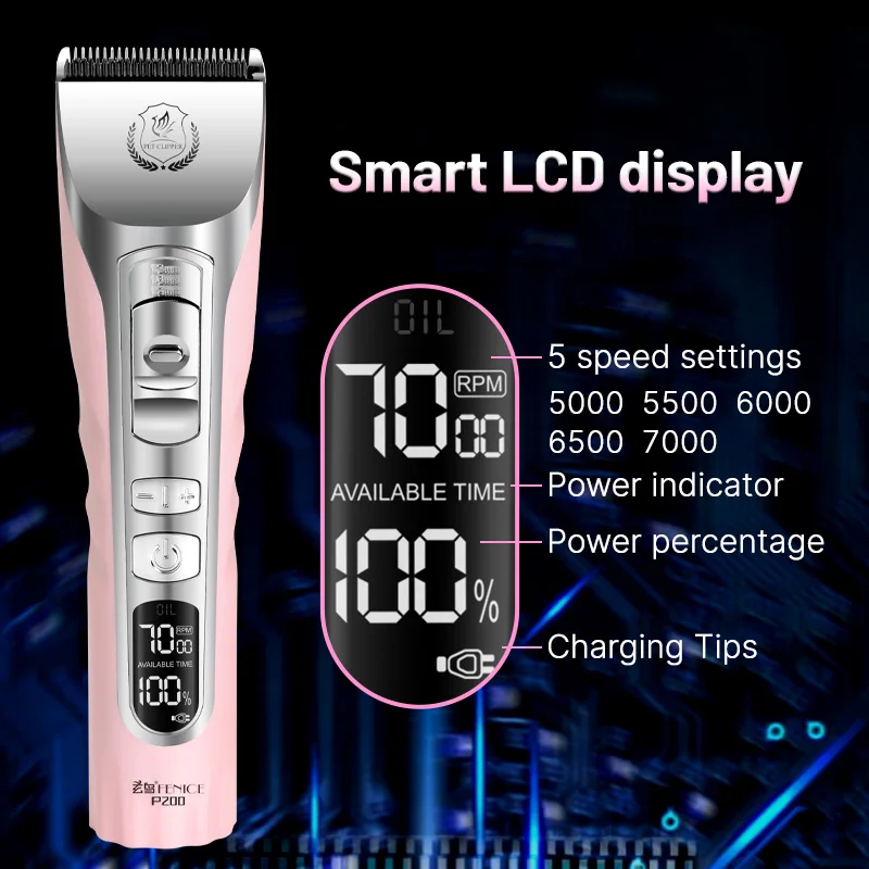 Fenice Sakura Pink Dog Hair Cutting Machine 5000mA Capacity Cordless LCD Screen Pet Dog Grooming Clipper Rechargeable Shaver Set - Image 4