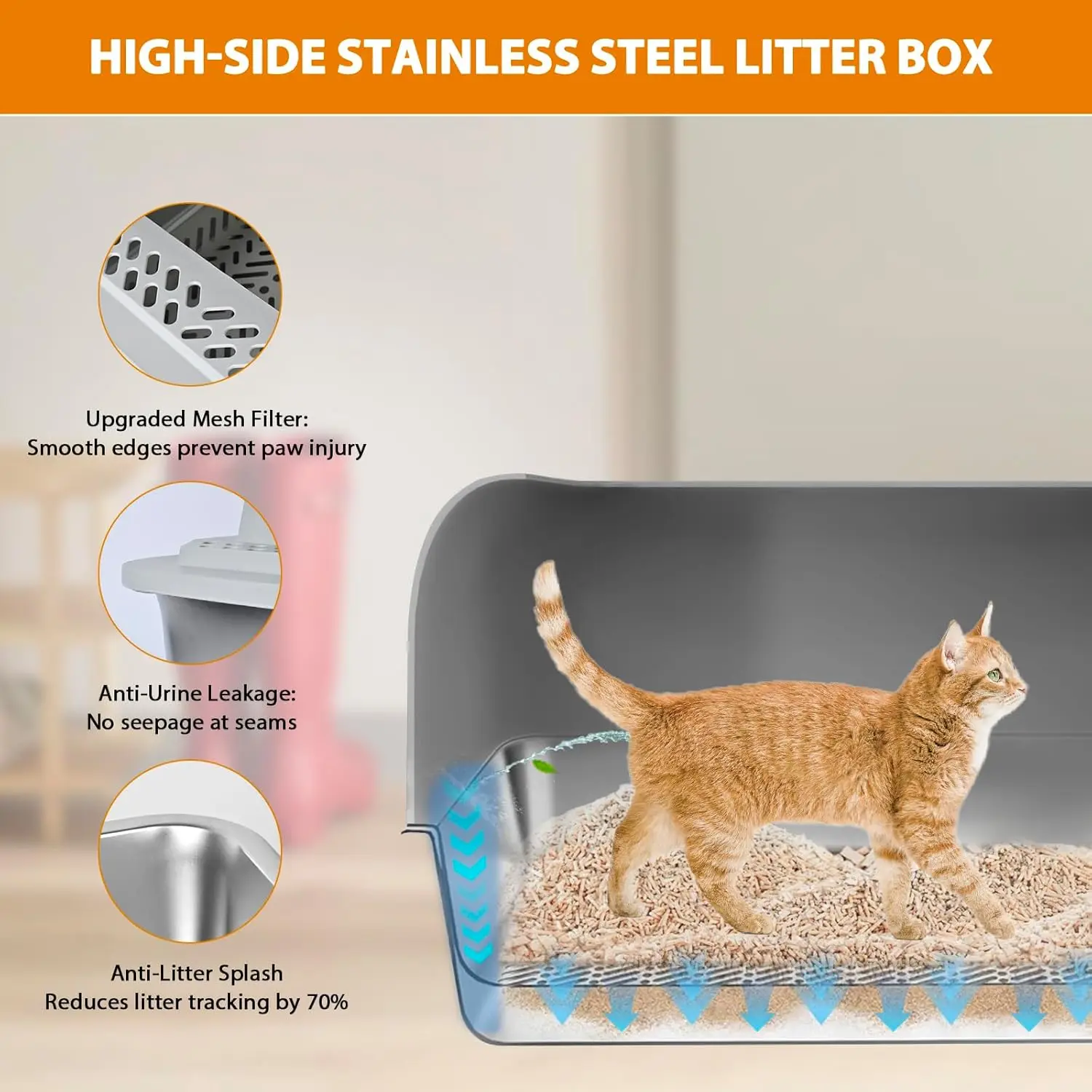 Stainless Steel Sifting Litter Box for Pine Pellets, 23.6''Lx15.7''Wx12''H with Lid & Scoop - Image 4