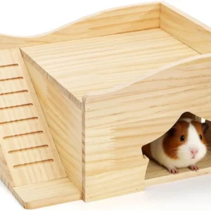 Guinea Pig Hideout, 11.8 x 9.4 x 6.7 Inch Large Hamster Wood House Castle with Stairs and Window, Small Animals Bed Hut